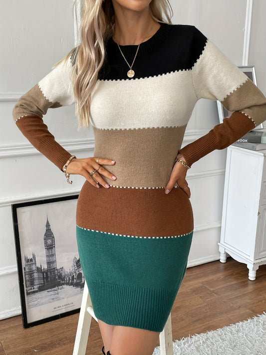 Chique Herfst Kleur Blok Lange Mouw Jurk voor Vrouwen